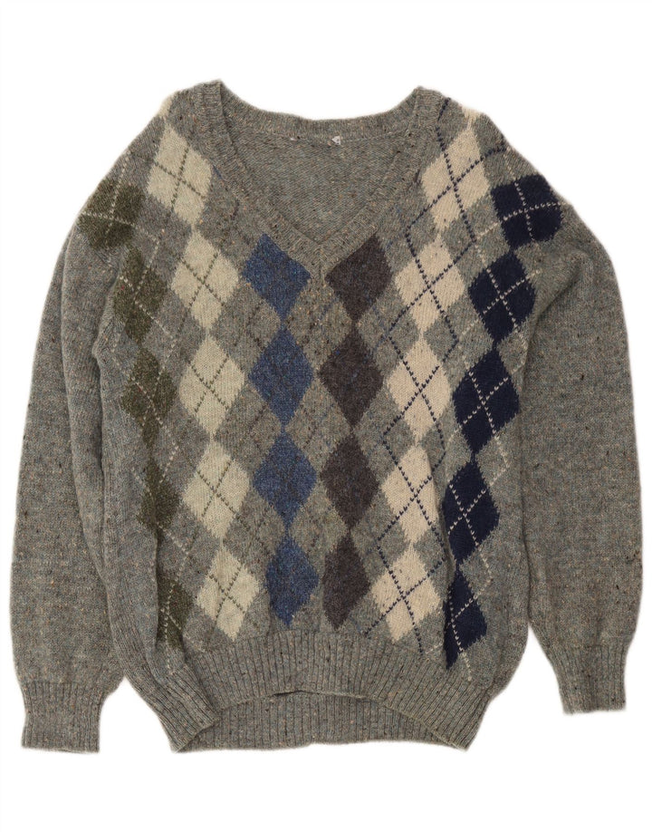 Vintage Herre V-hals sweater Medium Grey Argyle/Diamond Virgin Wool