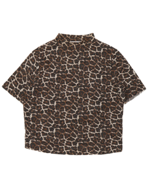 Zara Dame Trafaluc Crop Bluse Top UK 14 Large Beige Animal Print Viscose