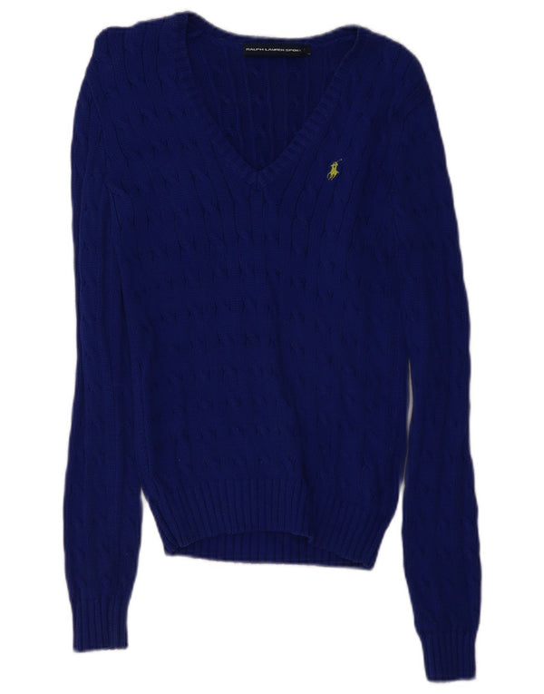 RALPH LAUREN Dame V-hals sweater UK 10 Lille blå bomuld
