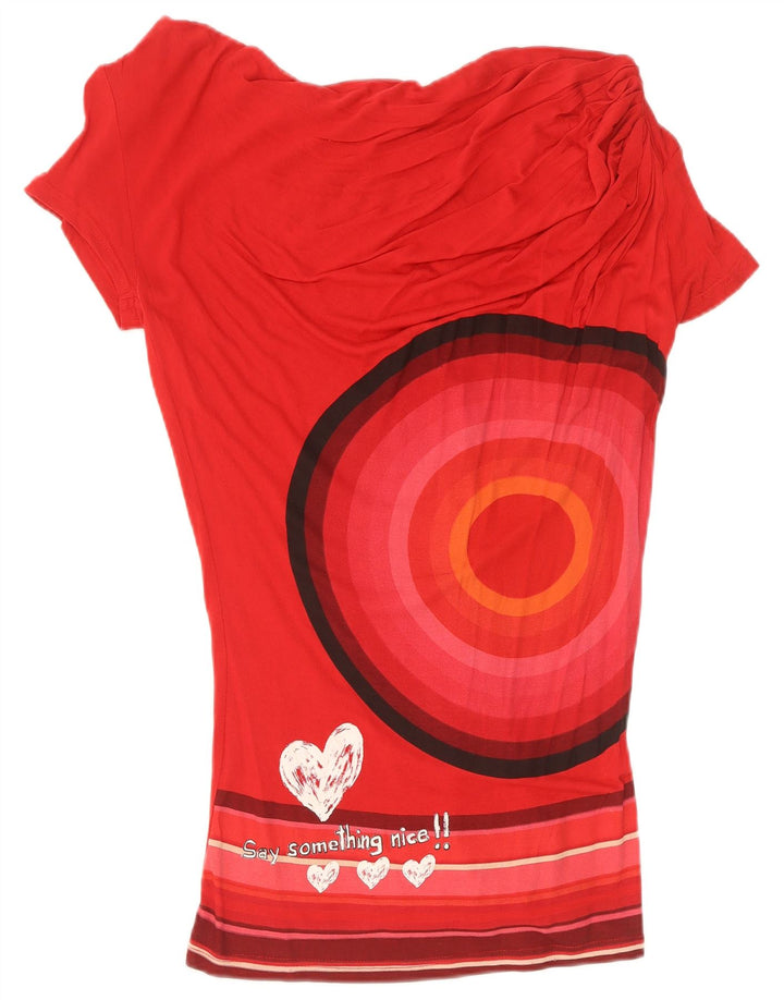 Desigual Dame Grafisk Bluse Top UK 12 Medium Rød Geometrisk