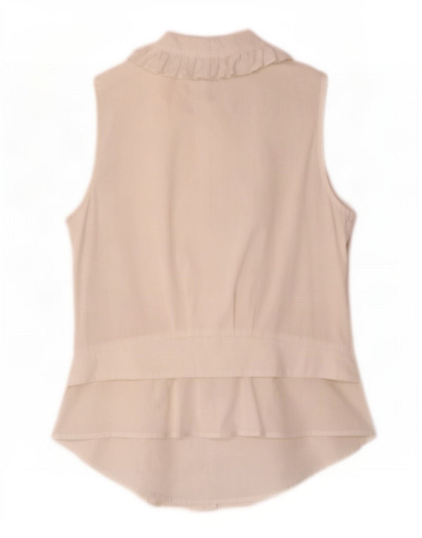 Zara Dame Ærmeløs Flæse Front Skjorte Bluse UK 10 Small White Bomuld