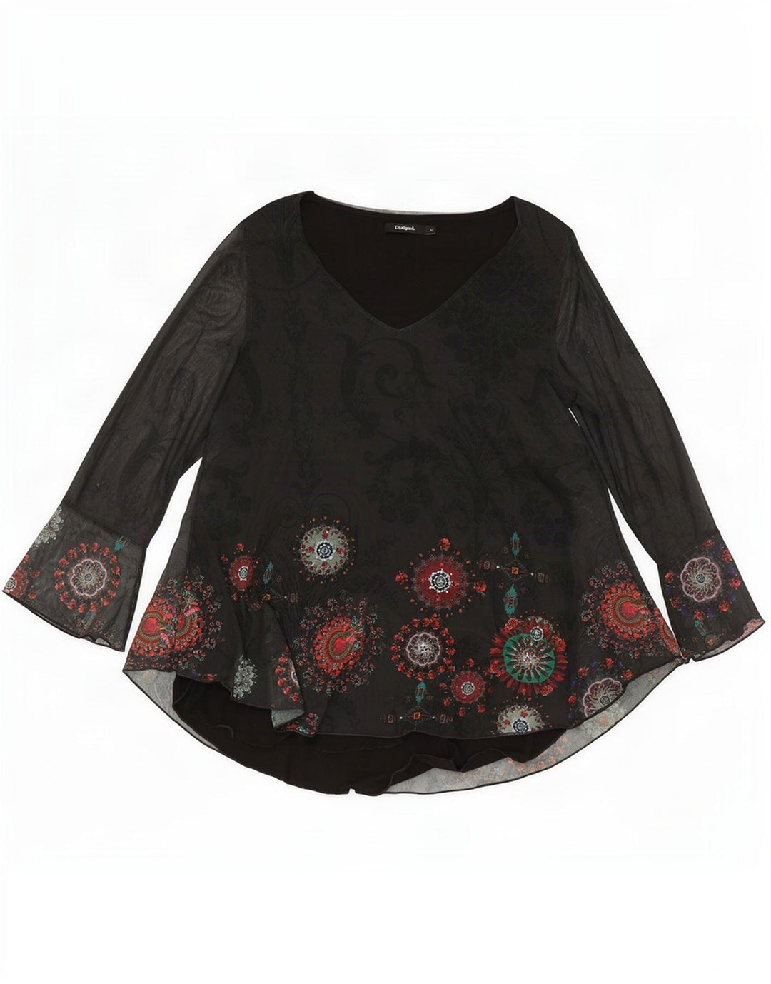 Desigual Dame Langærmet Tunika Top UK 12 Medium Sort Paisley Polyester