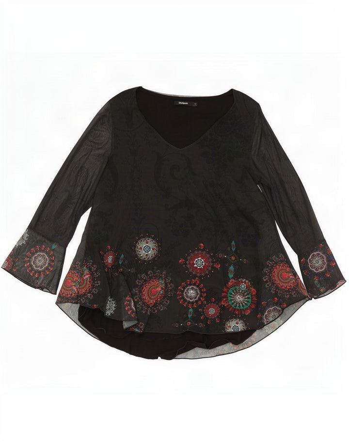Desigual Dame Langærmet Tunika Top UK 12 Medium Sort Paisley Polyester