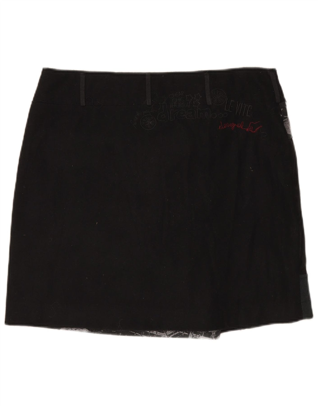 Desigual Dame Mini Wrap Nederdel EU 44 XL W35 Sort Patchwork Uld