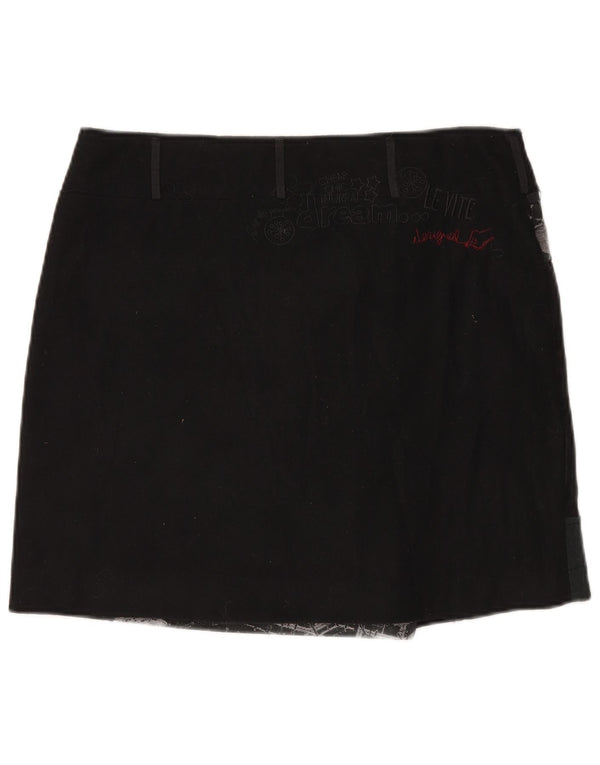 Desigual Dame Mini Wrap Nederdel EU 44 XL W35 Sort Patchwork Uld