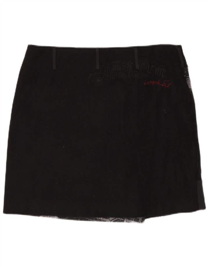 Desigual Dame Mini Wrap Nederdel EU 44 XL W35 Sort Patchwork Uld