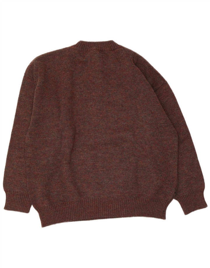 Vintage Herre grafisk knap hals sweater stor brun akryl