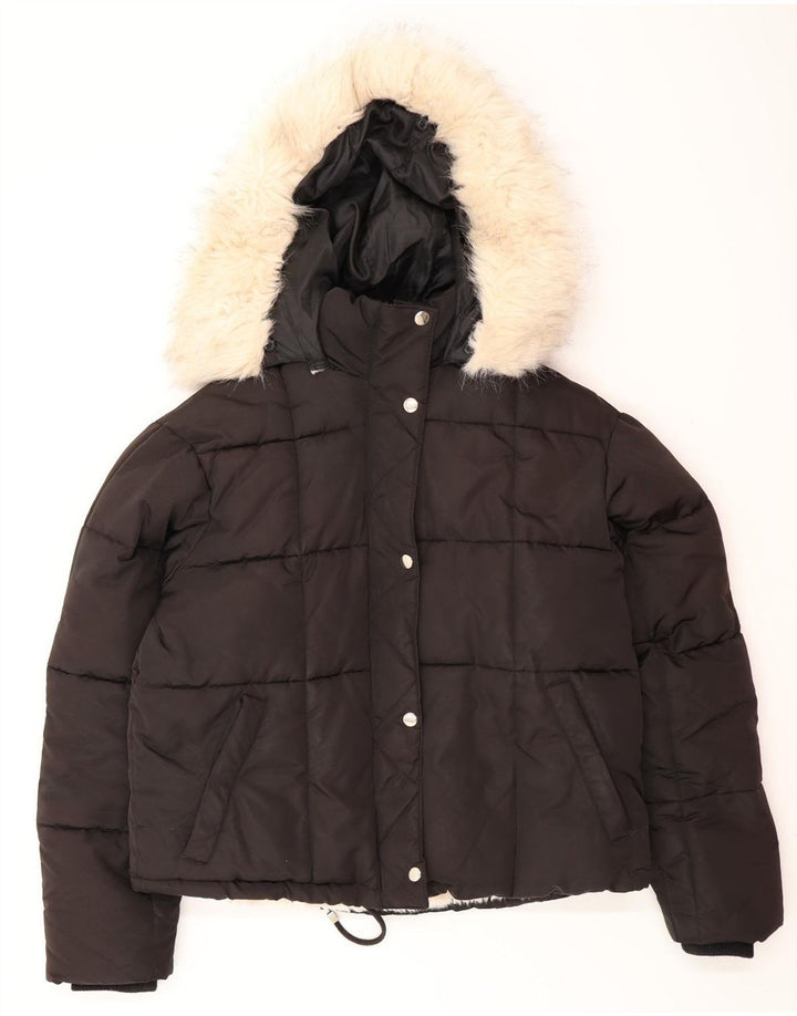 Topshop Dame Hætte Oversized Polstret Jakke UK 8 Small Black Polyester