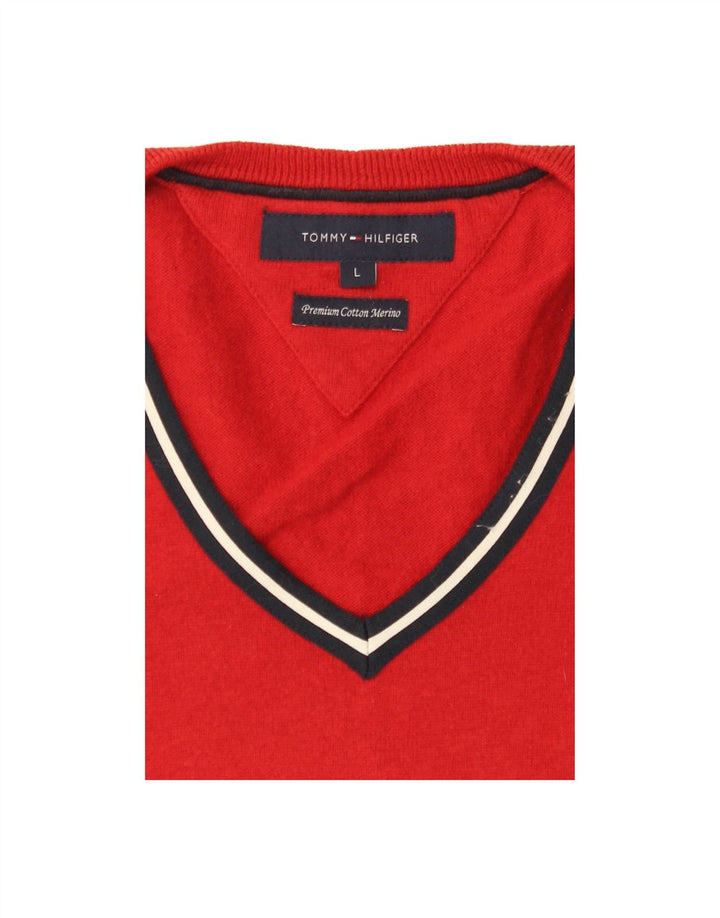 TOMMY HILFIGER Mens V-Neck Jumper Sweater Large Red Cotton Vintage Tommy Hilfiger and Second-Hand Tommy Hilfiger from Messina Hembry 