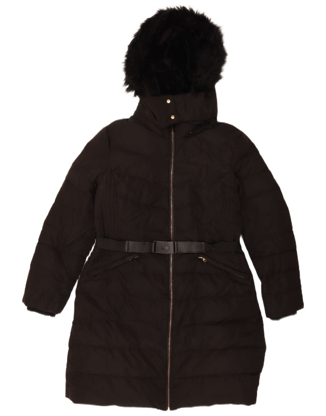 Zara Dame Hætte Polstret Frakke UK 20 2XL Sort Polyester