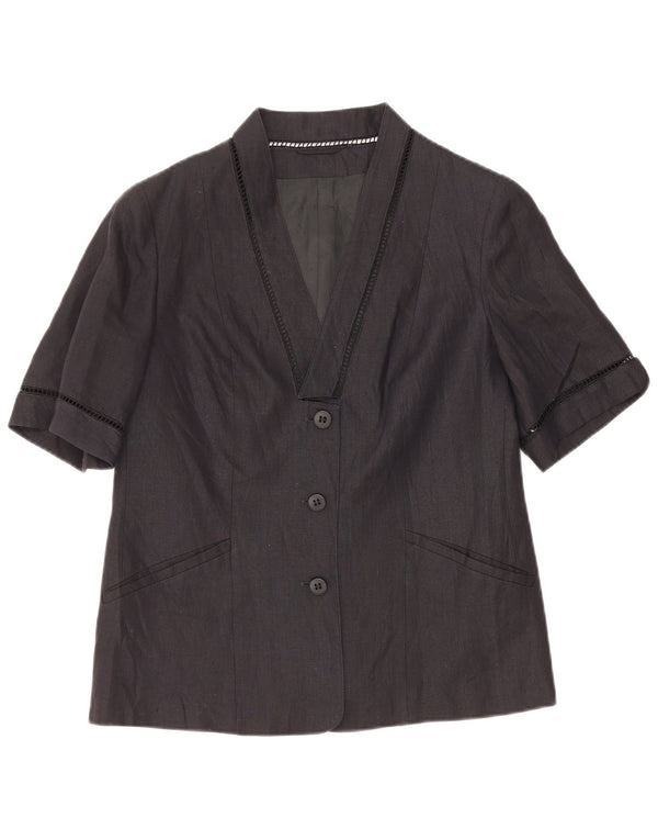 Vintage Kvinders Kortærmet Cardigan Top UK 10 Small Navy Blue Linen