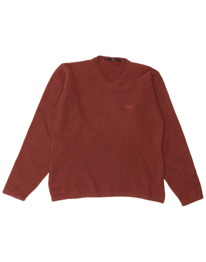 LEE Mens V-Neck Jumper Sweater Large Maroon Wool