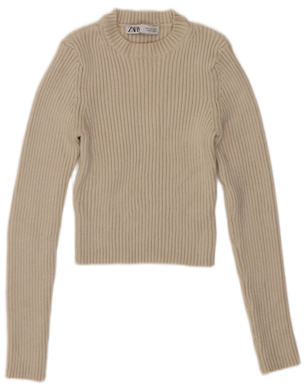 Zara Womens Crop Crew Neck Jumper Sweater UK 8 Small Beige Viscose