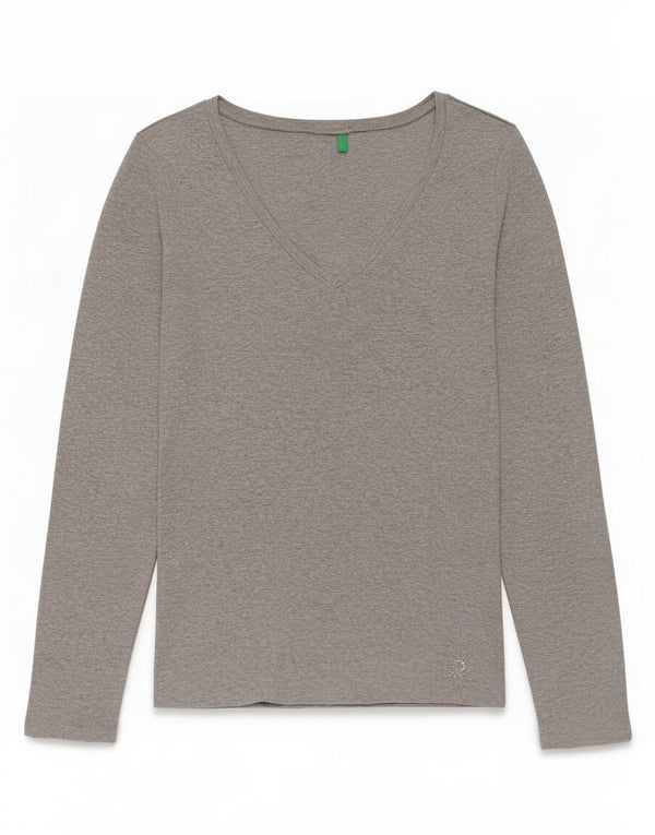 Benetton Dame Top Langærmet UK 12 Medium Grå Bomuld