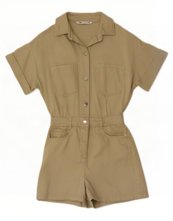 Zara Womens Loose Fit Playsuit UK 6 XS Khaki Cotton