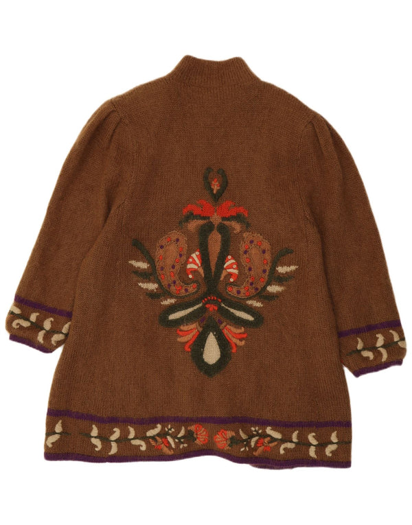 Vintage Kvinders Grafisk Longline Cardigan Sweater UK 14 Medium Brown Floral