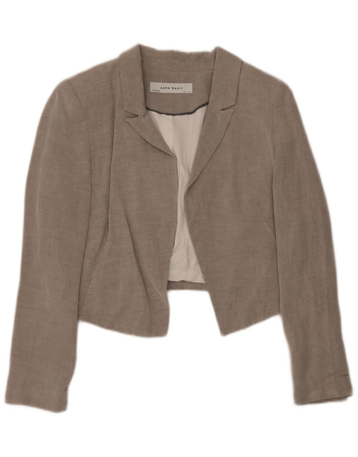 Zara Dame Open Crop Blazer Jacket UK 12 Medium Grey Bomuld