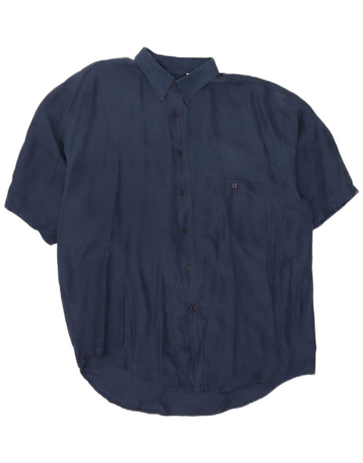 Vintage kortærmet herreskjorte XL marineblå silke