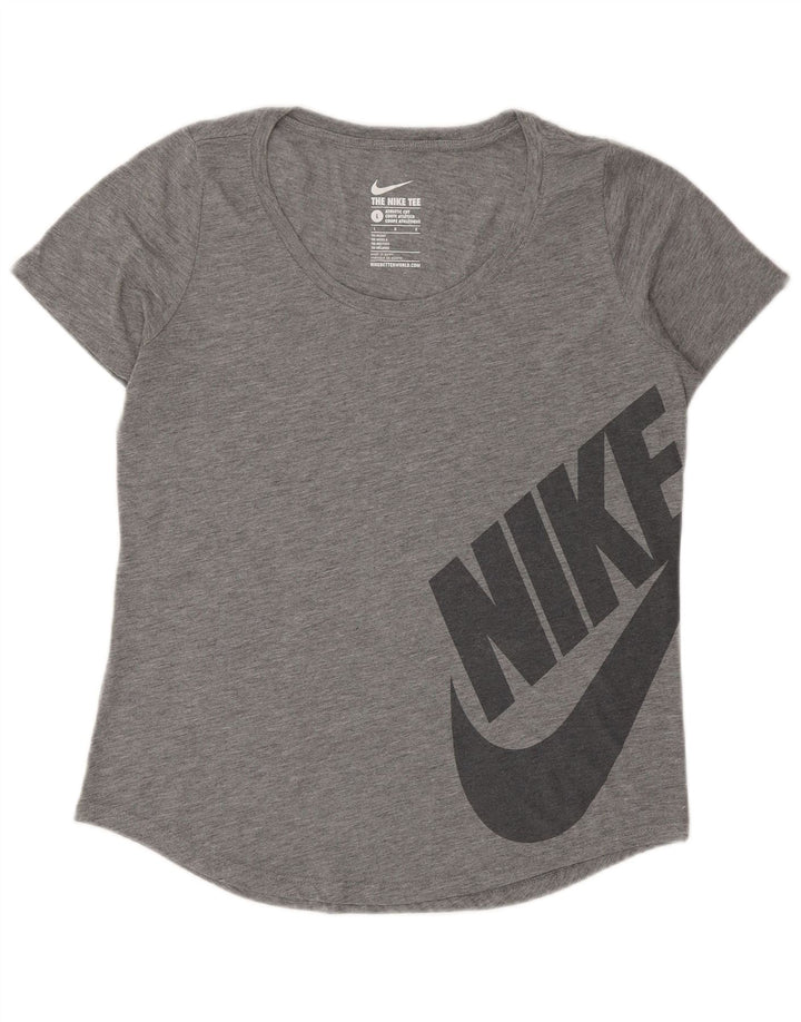 NIKE Dame atletisk snit grafisk T-shirt top UK 14 Stor grå polyester