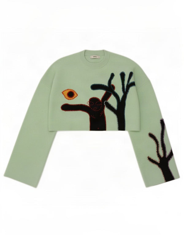 Zara Womens Crop Graphic Crew Neck Jumper Sweater UK 14 Medium Green