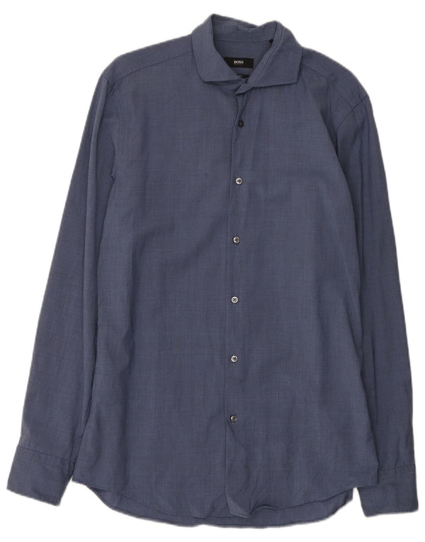 Hugo Boss Mens Slim Fit Shirt Size 39 15 1/2 Medium Navy Blue Virgin Wool