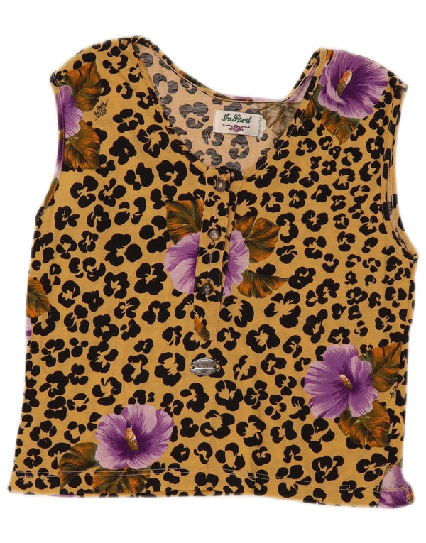 Vintage Womens Crop Ærmeløs bluse Top UK 12 Medium Yellow Animal Print