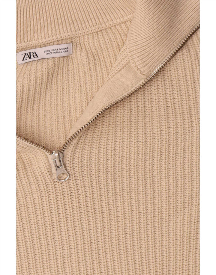 Zara Herre Zip Neck Jumper Sweater Stor Beige Bomuld