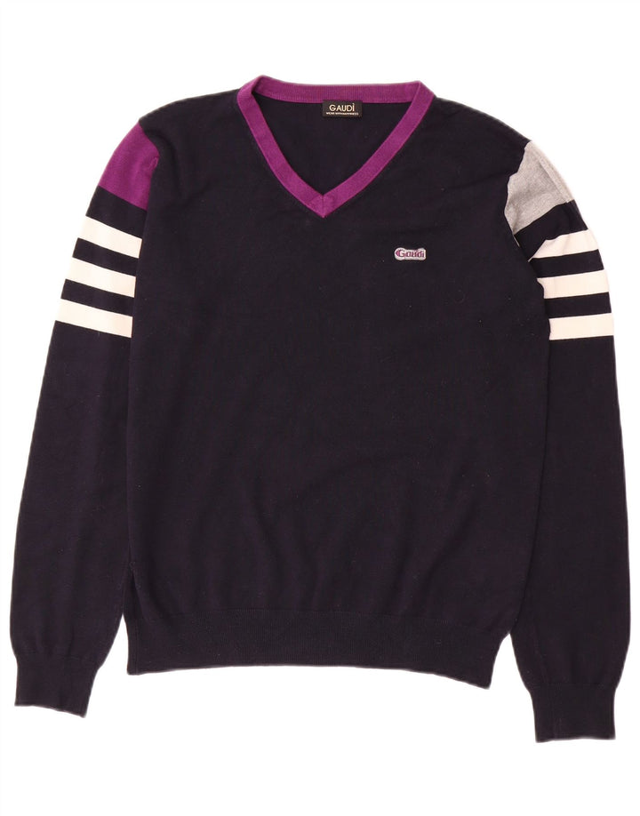 GAUDI Dame V-hals sweater UK 14 Medium Navy Blue Colourblock