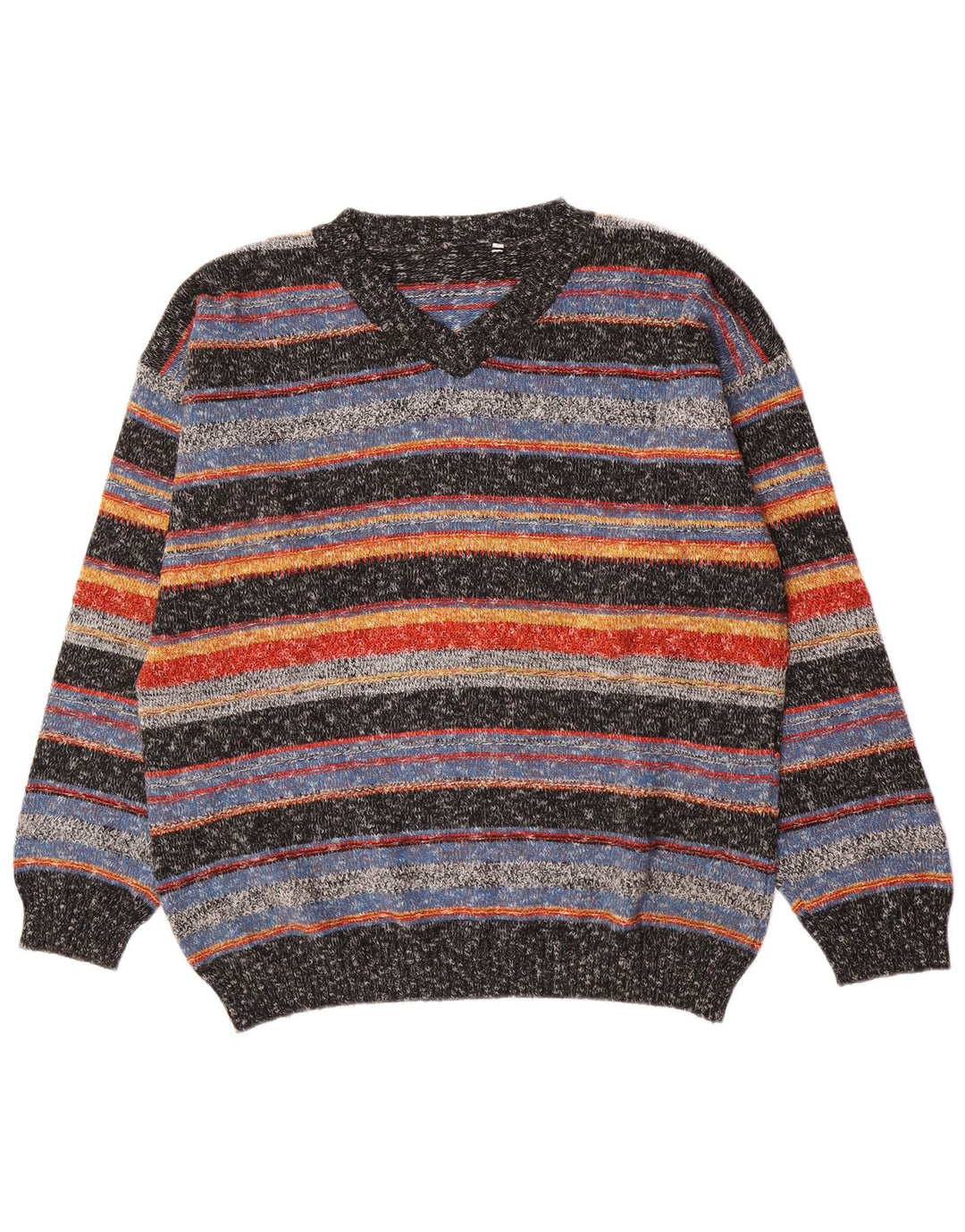 Vintage herre V-hals sweater stor flerfarvet stribet akryl