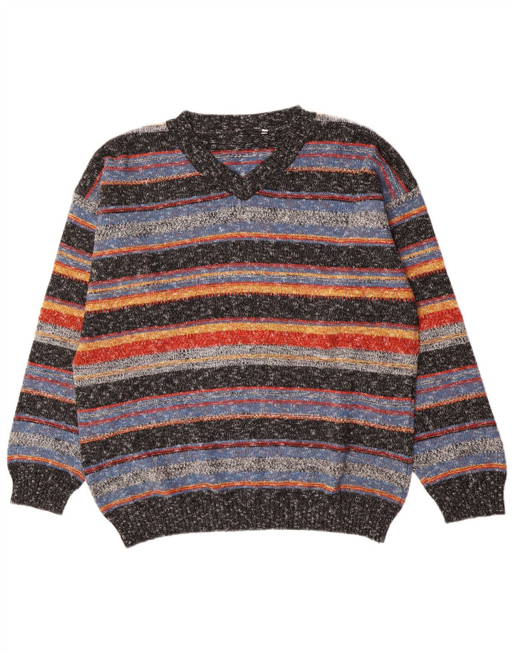 Vintage herre V-hals sweater stor flerfarvet stribet akryl