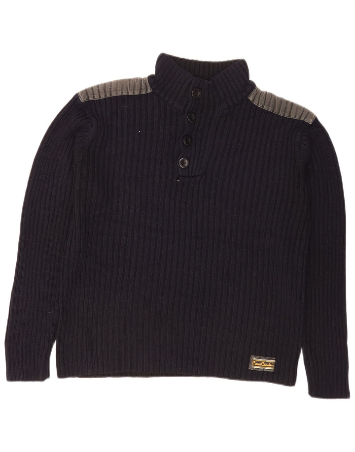 Pierre Cardin Herre Button Neck Jumper Sweater Small Navy Blue Colourblock