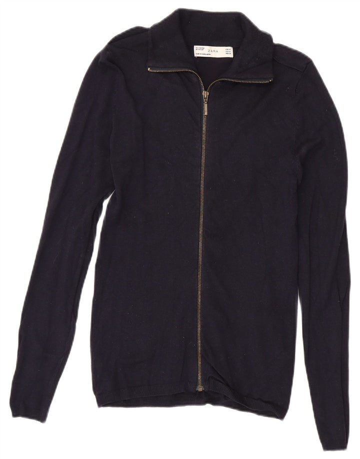 Zara Dame Zip Neck Jumper Sweater UK 12 Medium Navy Blue Viscose