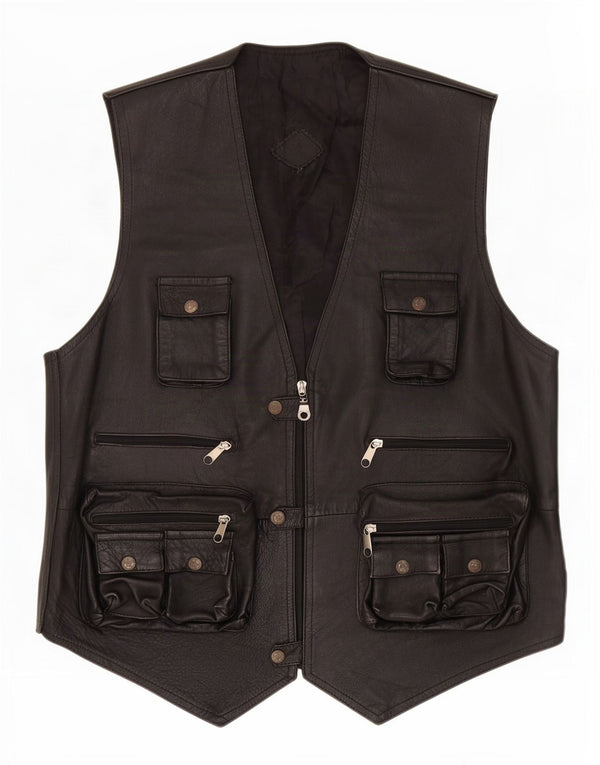Vintage Herre Læder Utility Gilet UK 40 Large Black
