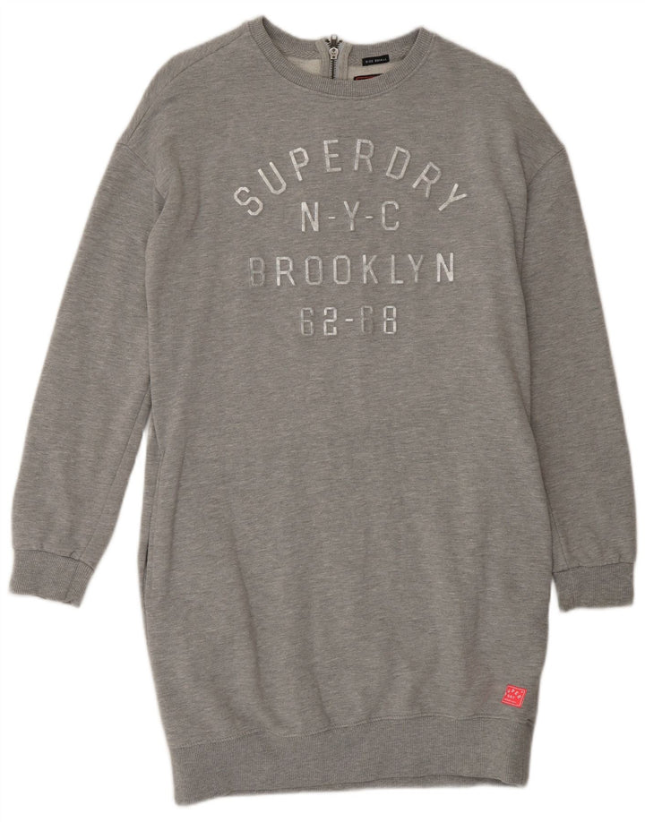 SUPERDRY Dame Oversized Grafisk Sweatshirt Jumper Dress UK 10 Small Grå