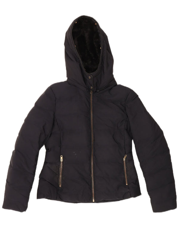 Zara Dame Hætte Sherpa Polstret Jakke UK 16 Large Navy Blue Polyester
