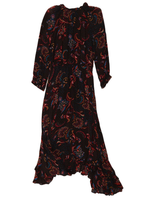 Monsoon Dame Langærmet Asymmetrisk Maxi Kjole UK 14 Medium Sort Paisley