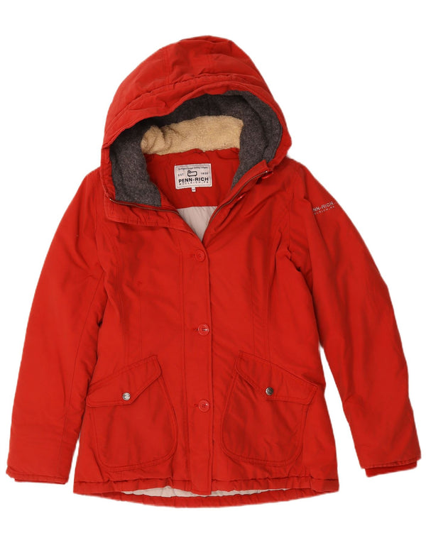Woolrich Dame Hooded Parka Jacket UK 14 Medium Red Bomuld