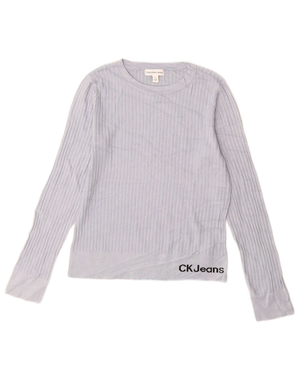 Calvin Klein Jeans Dame Grafisk Boat Neck Jumper Sweater UK 10 Small Blue