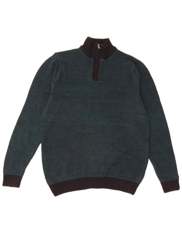Marks & Spencer Mens Zip Neck Jumper Sweater Medium Green Striped Cotton