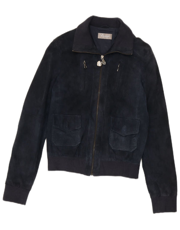 Vintage dame ruskind bomberjakke UK 12 Medium marineblåt læder