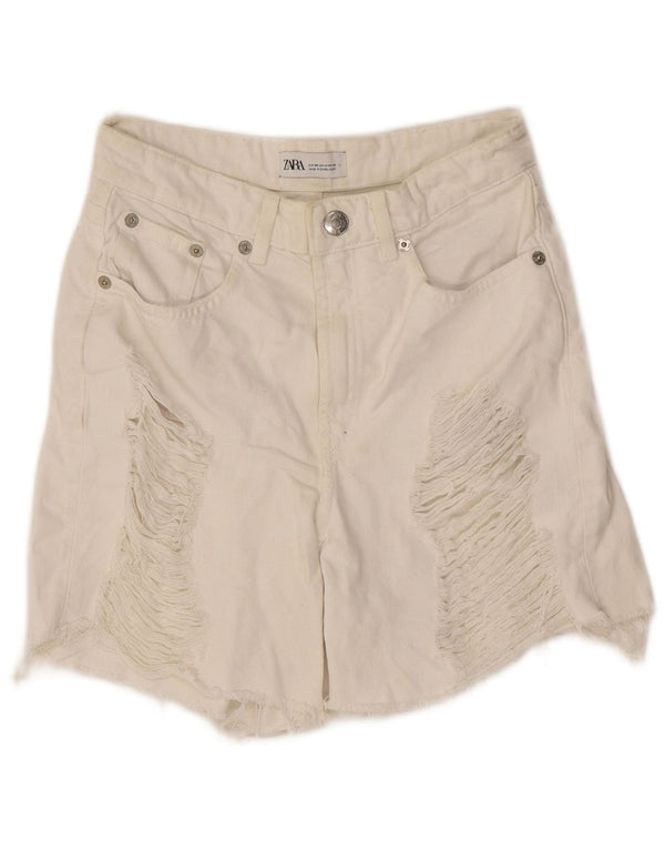 Zara Womens Distressed Denim Shorts EU 36 XS W26 Hvid Bomuld