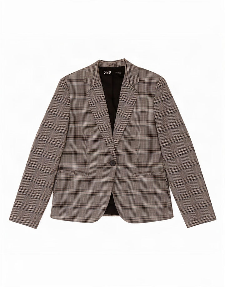 Zara Dame 1-knaps blazerjakke EU 40 Medium Grey Houndstooth Polyester