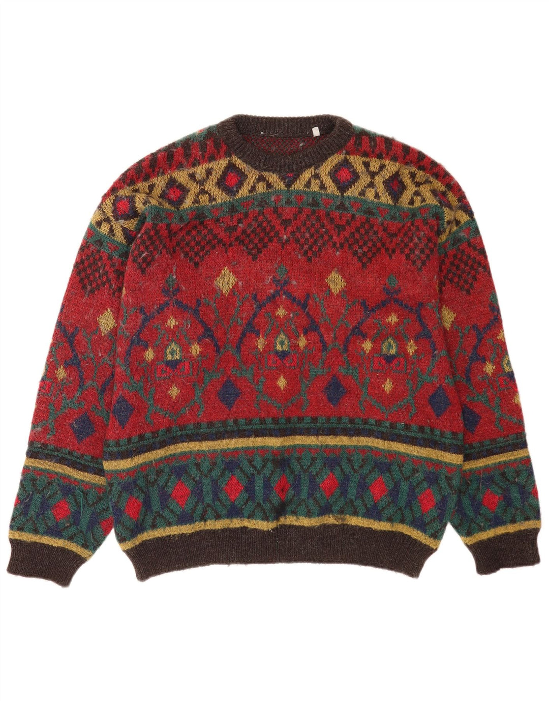 Vintage Herre Boat Neck Jumper Sweater Stor Rød Geometrisk Uld