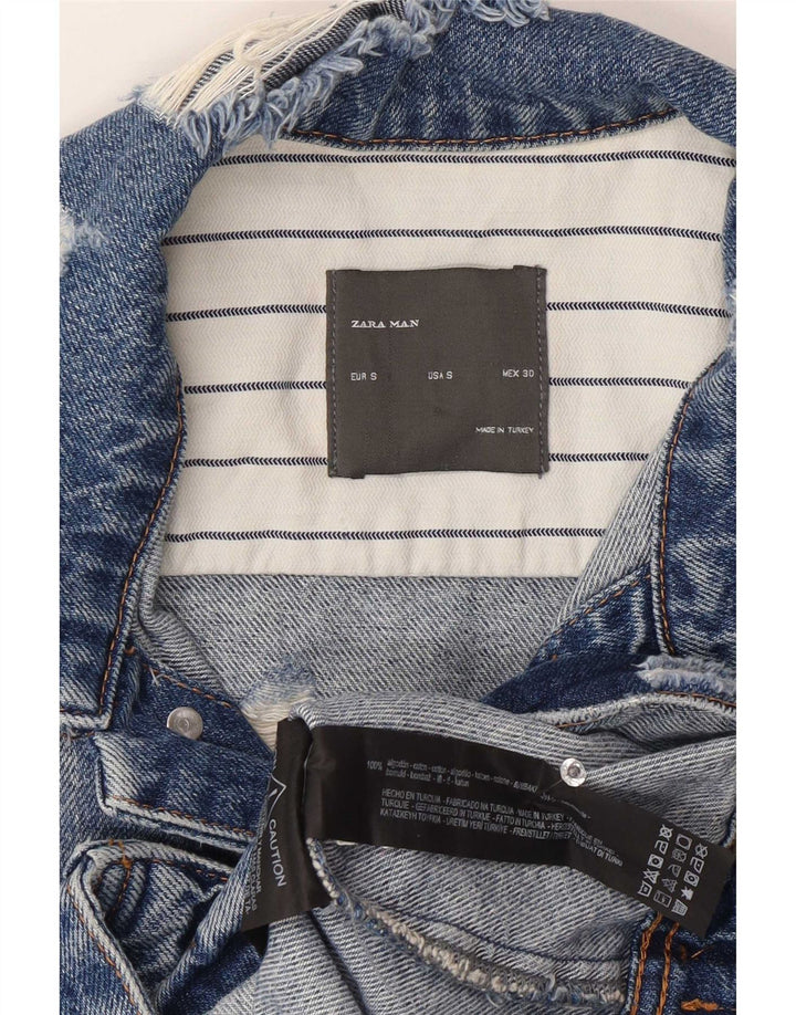 Zara Herre Distressed Denim Gilet UK 36 Small Blue Cotton