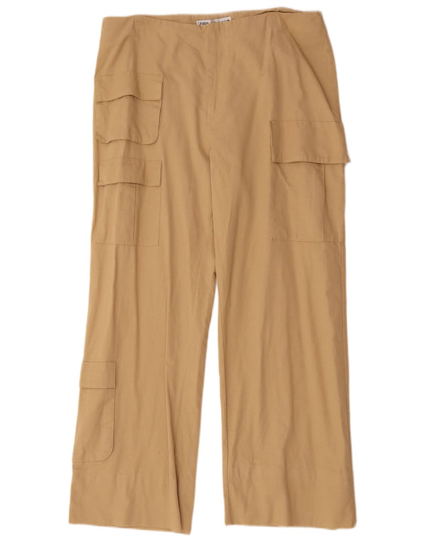 Zara Dame Højtalje Brede Ben Cargo Bukser Large W30 L28 Beige Bomuld