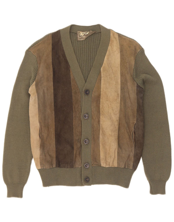 Vintage herre ruskind cardigan sweater IT 50 Medium Khaki Colourblock Uld