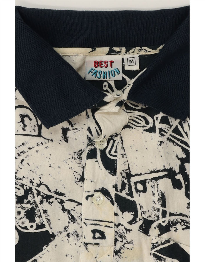 VINTAGE Mens Abstract Pattern Polo Shirt Medium Navy Blue Viscose Vintage Vintage and Second-Hand Vintage from Messina Hembry 