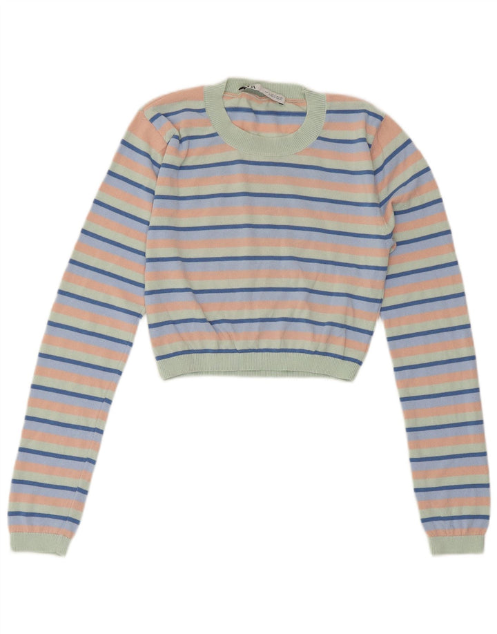 ZARA Womens Crop Crew Neck Jumper Sweater UK 8 Small Multicolored Striped