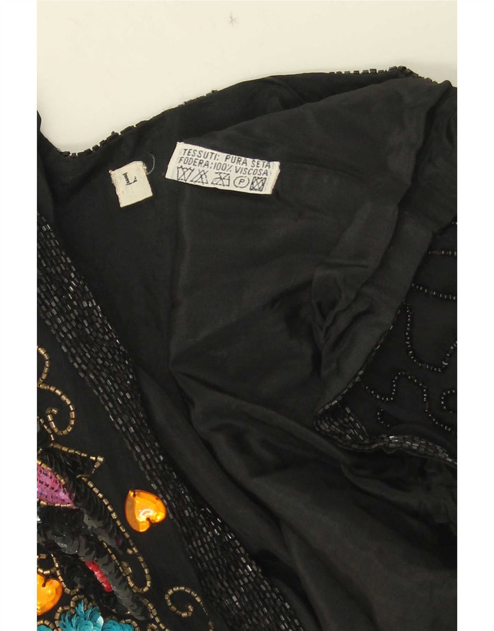 Vintage Dame Aften Blazer Jacket UK 16 Large Black Floral Silke