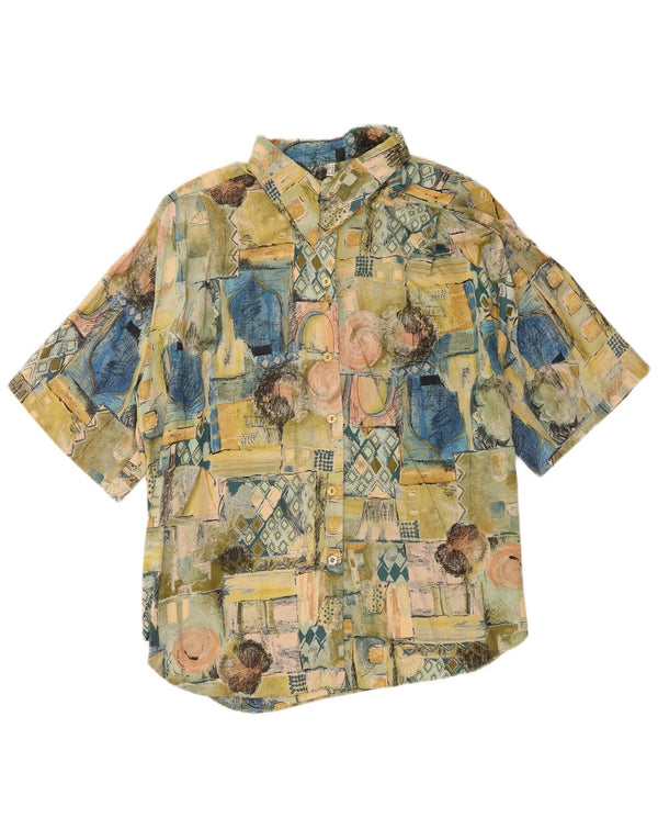 Vintage kortærmet skjorte til kvinder UK 18 XL Grøn Patchwork Viscose
